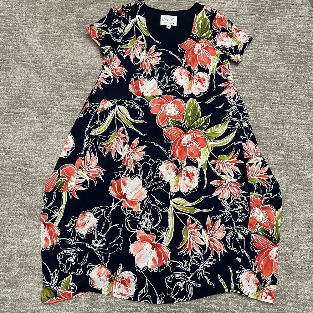 Compli K Dress Womens Medium Navy Floral Short Sleeve Scoop Neck Trapeze Swing